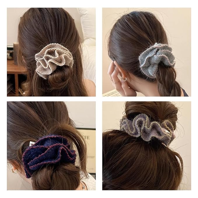 2 Pcs Soft Fabric Scrunchies for Hair,3.9 inch Medium Elastic Hair Ties Ropes Crochet Knit Silky Scrunchie for Women-Mixed Color 3