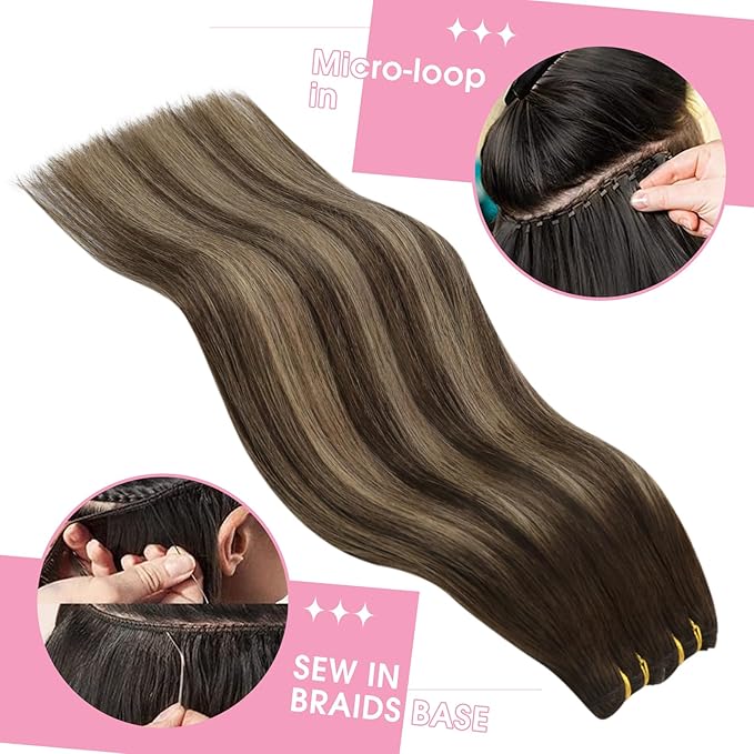 YoungSee 24Inch Weft Hair Extensions Human Hair Brown Balayage Double Weft Human Hair Extensions Dark Brown with Caramel Blonde Balayage Sew in Hair Extensions for Long Hair 100G
