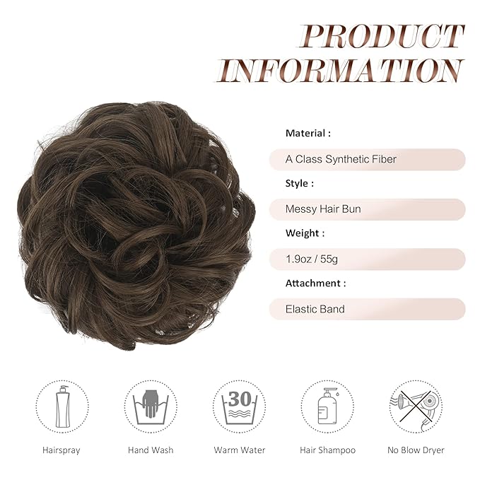 FESHFEN Messy Bun Hair Piece - Large Elastic Wavy Curly Hair Bun Scrunchies Ponytail Extensions Synthetic Chignon Hairpieces for Women, Golden Brown 1.94oz