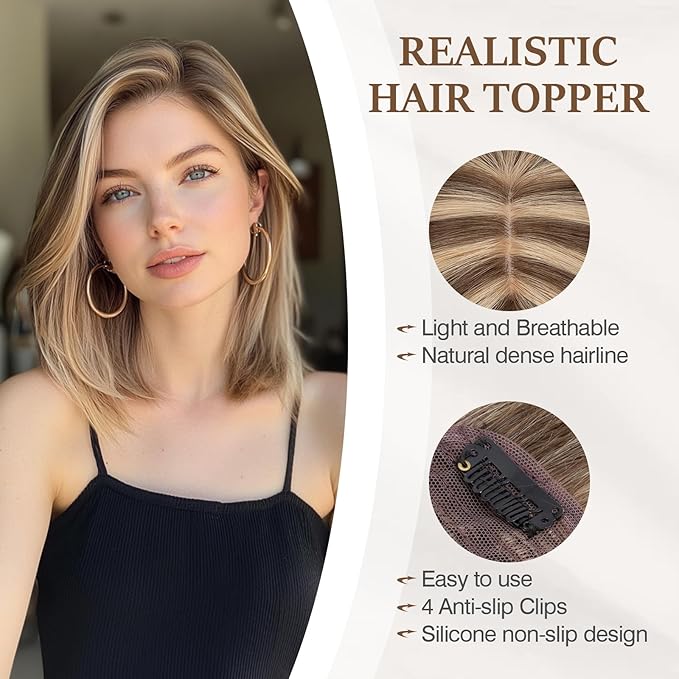 Rich Choices Hair Toppers for Women Real Human Hair 100% Human Remy Toppers NO Bangs with Thinning on Top Clip in Hairpiece 4"x4.7"Lace Base 10 Inch #4P27 Medium Brown Highlights Dark Blonde