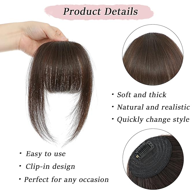 Clip in Bangs Real Human Hair Dark Brown French Bangs Fringe with Temples Thick Curtain Bangs Clip on Bangs Curved Fake Bangs Hairpieces for Women for Daily Wear