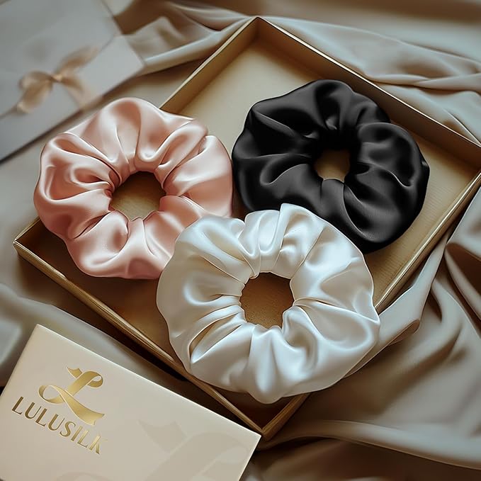LULUSILK Silk Scrunchies for Hair Sleep, 100% Real Mulberry Silk, No Damage Hair Ties for Women and Girls, Black White and Lotus Pink, Pack of 3