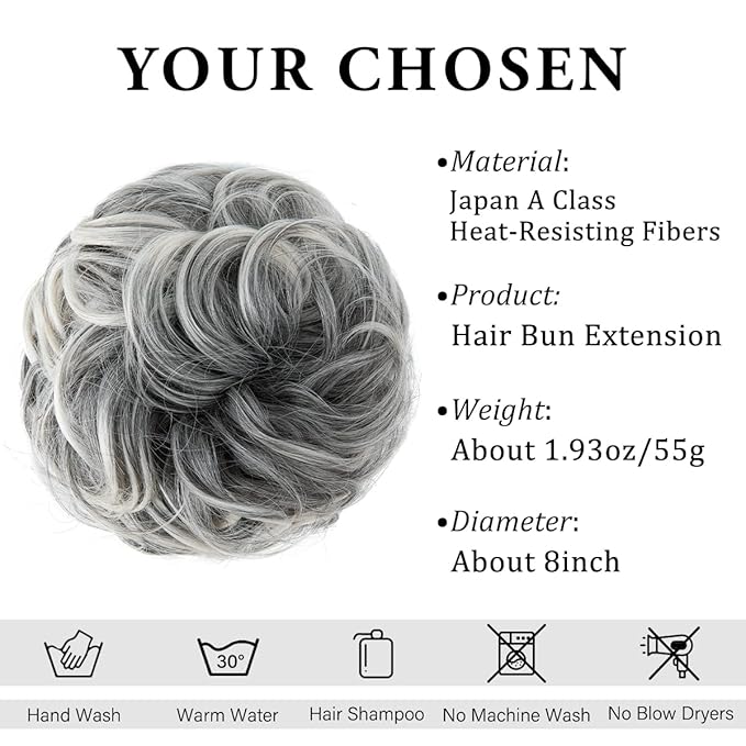 CJL HAIR Large Messy Bun Hair Piece Wavy Curly Scrunchies Synthetic Chignon Ponytail Hair Extensions Thick Updo Hairpieces for Women Salt and Pepper