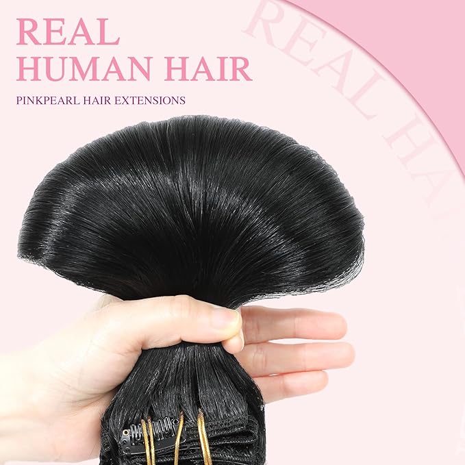 PINKPEARL Clip in Hair Extensions Real Human Hair #1 Jet Black Human Hair Extensions Clip ins 18 inch Extensions Human Hair Clip 120g 7pcs Straight Thick Natural Human Hair(#1-18)