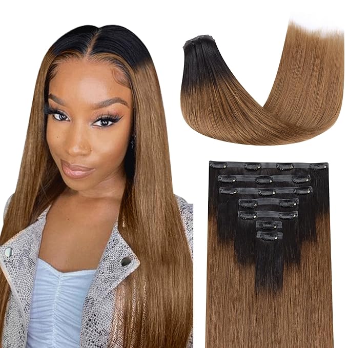 Lashey Seamless Clip in Hair Extensions Human Hair 14 Inch 110g 7pcs Yaki Straight Ombre Natural Black to Medium Auburn Clip in Hair Extensions with Soft PU weft