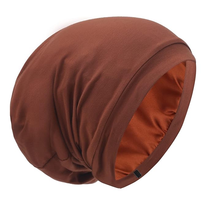 Silk Satin Lined Bonnet Sleep Cap - Adjustable Stay on All Night Hair Wrap Cover Slouchy Beanie for Curly Hair Protection for Women and Men - Solid Caramel