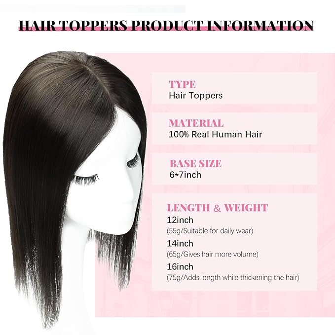 Hair Topper 16inch Toppers for Women Real Human Hair Natural Black Toppers for Women with Thinning 6x7inch Base Clip in Extensions Add Hair Volume Hairpieces 75g(#1BToppers-16inch)
