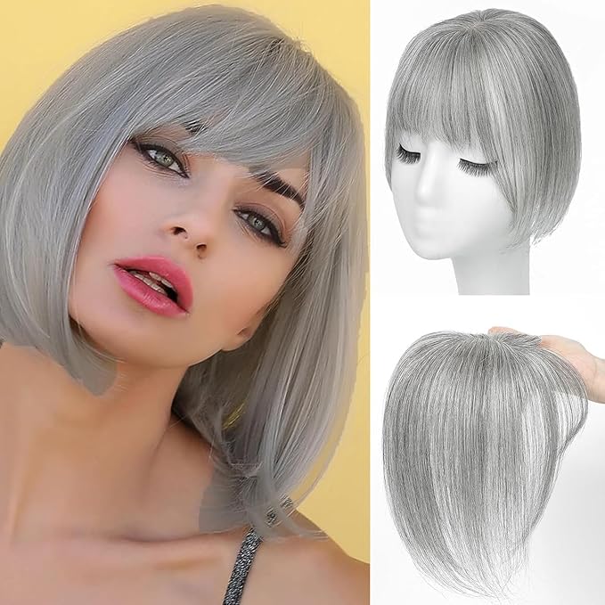 Amchoice Hair Toppers for Women Real Human Hair, Bangs Hair Clip 360° 3D Cover Bangs, Human Hair Toppers for Women Daily(Gray, 3D French Bangs (5 * 9))