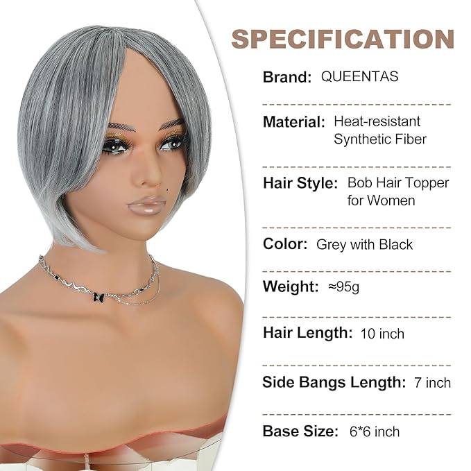 QUEENTAS Silver Hair Topper for Women with Thinning Hair Pieces 6"*6"Large Coverage 360°3D Cover Silver Synthetic Short Bob with 5 Clips in Wiglets(Gray with Black)