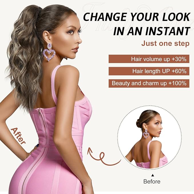 FLUFYMOOZ Ponytail Extension, 18 Inch Claw Clip Ponytail Extension, Wavy Curly Claw Clip in Ponytail Hair Extensions, Natural Fake Ponytail Synthetic Hairpiece for Women (Cool Blonde)
