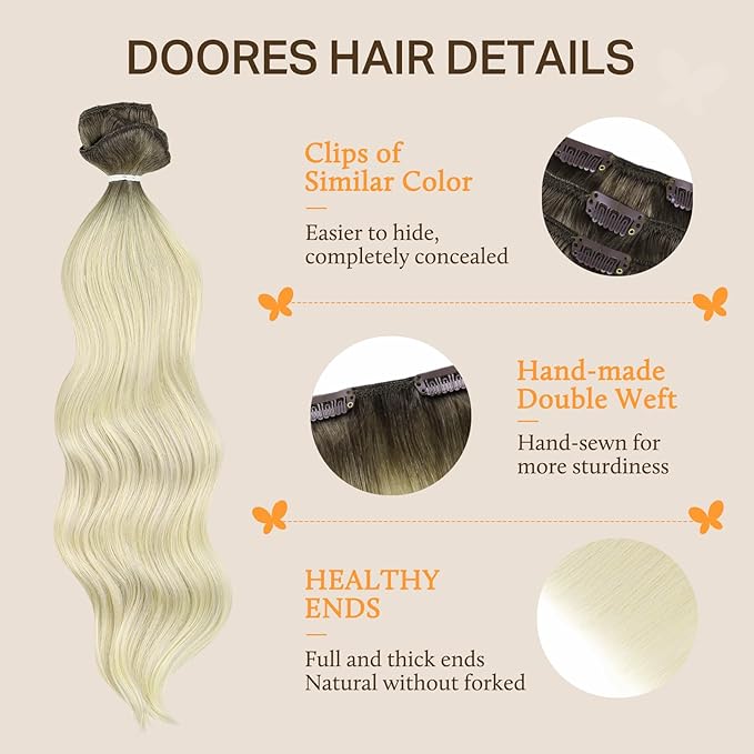DOORES Hair Extensions Real Human Hair, Light Ash Brown to Ash Blonde 24 Inch 120g 7pcs, Hair Extensions Real Human Hair Clip in Remy Hair Extensions Natural Hair Extensions Straight