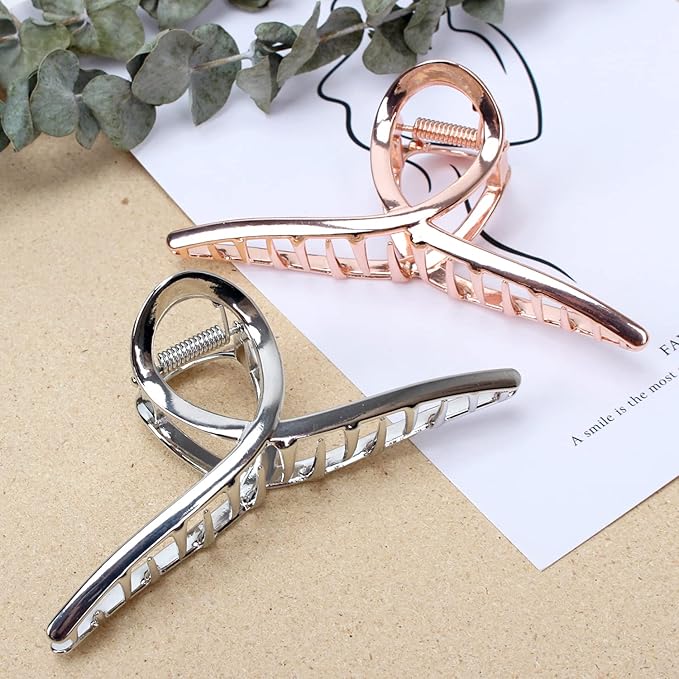 Metal Shark Big Hair Clamps - Large Barrette Hair Accessories with Strong Hold for Women and Girls, 2 Pcs (Rose Gold, Glossy Silver)