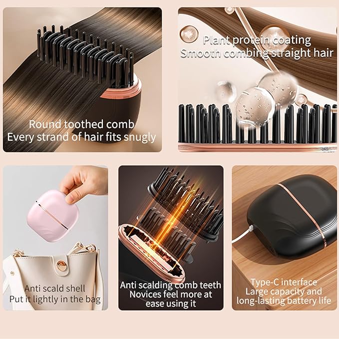 2-in-1 Cordless Hair Straightener Comb, Mini Hair Straightener, Rechargeable Wireless Portable Hair Straightener Brush, Anti Scald Shell, Portable for Home Travel Gift
