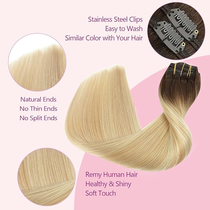 PINKPEARL Clip in Hair Extensions Real Human Hair, Remy Human Hair Extensions Clip ins, 20inch 120g 7Pcs, #4/27/60 Balayage Chocolate Brown to Caramel Blonde and Platinum Blonde(#4/27/60-20)