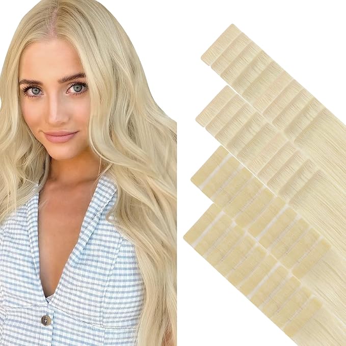 GOO GOO Invisi Edge Tape in Hair Extensions Human Hair, 60A Platinum Blonde 20pcs injected with 20pcs classical tape ins, 14inch 100g, Virgin Remy Hair, Natural Look