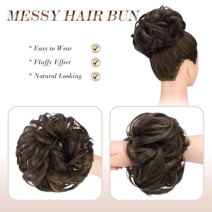FESHFEN Messy Bun Hair Piece - Large Elastic Wavy Curly Hair Bun Scrunchies Ponytail Extensions Synthetic Chignon Hairpieces for Women, Mixed Chocolate Brown 1.94oz