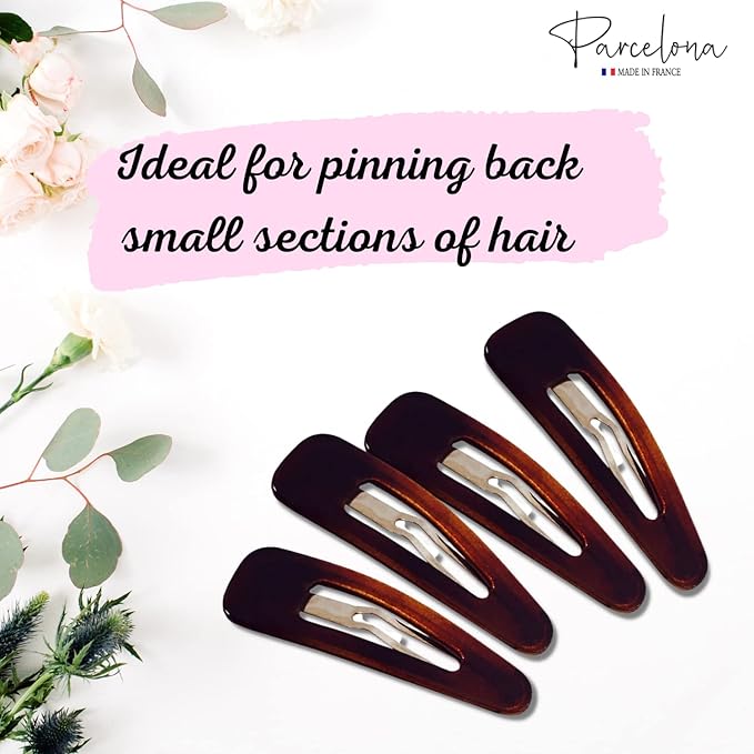 Parcelona French Mini Set of 4 Small Celluloid Acetate Snap Hair Clips No Slip Fashion Durable Styling Women Hair Accessories Girls Snap Hair Barrette, Made in France (Tortoise Shell Brown)