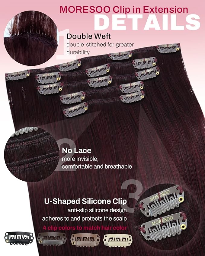 Moresoo Dark Red Clip in Hair Extensions Real Human Hair Red Burgundy Hair Extensions Clip ins Short And Straight Burgundy #99J Double Weft 80g/5pcs 14 inch