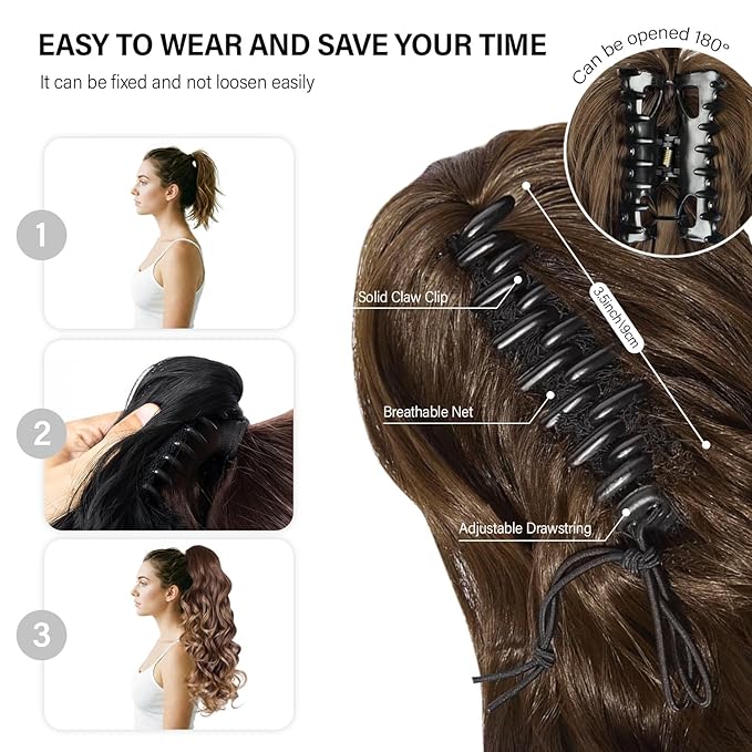 24 Inch Ponytail Extension, Clip on Ponytails for Women, Long Curly Wavy Ponytail Extensions for Women, Synthetic Layered Pony Tails Hair Extensions (Color: Dark Chocolate Brown)