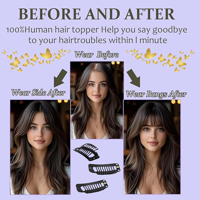 Hair Toppers for Women Real Human Hair, 360°3D Topper for Women with Thinning Crown Wispy Clip in Bangs Breathable Hand Tied Craft Big Coverage Hairpieces(Gray（Big Coverage）, 12 Inch-3D-Wispy)