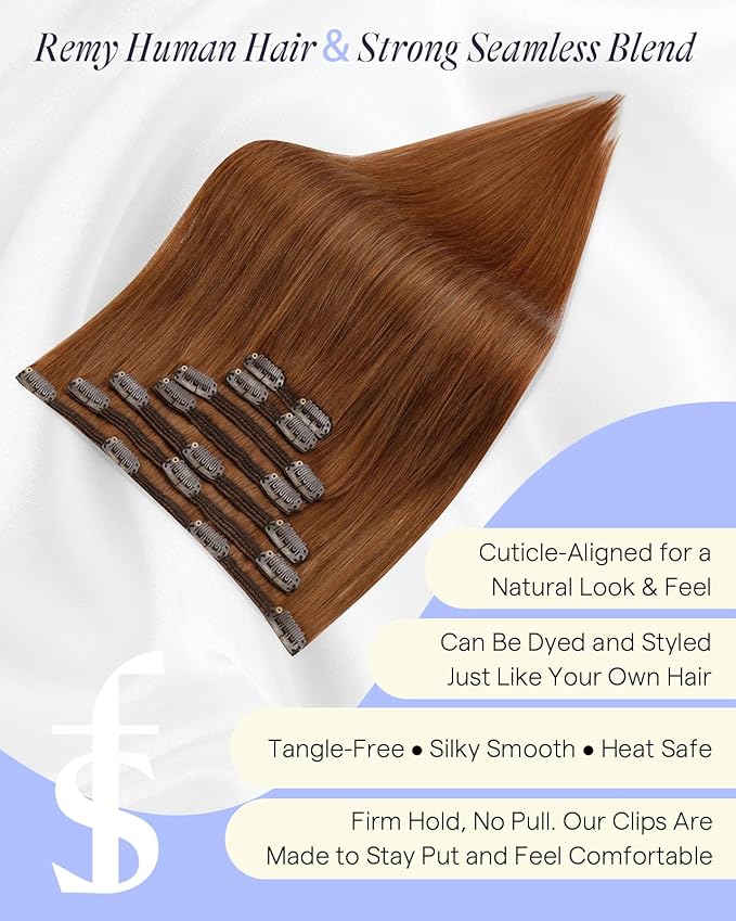 Full Shine Real Human Hair Extensions Clip ins Auburn 18 Inch Strawberry Blonde Hair Extensions 135 G Ginger Hair Clip in Extensions 7 Pcs