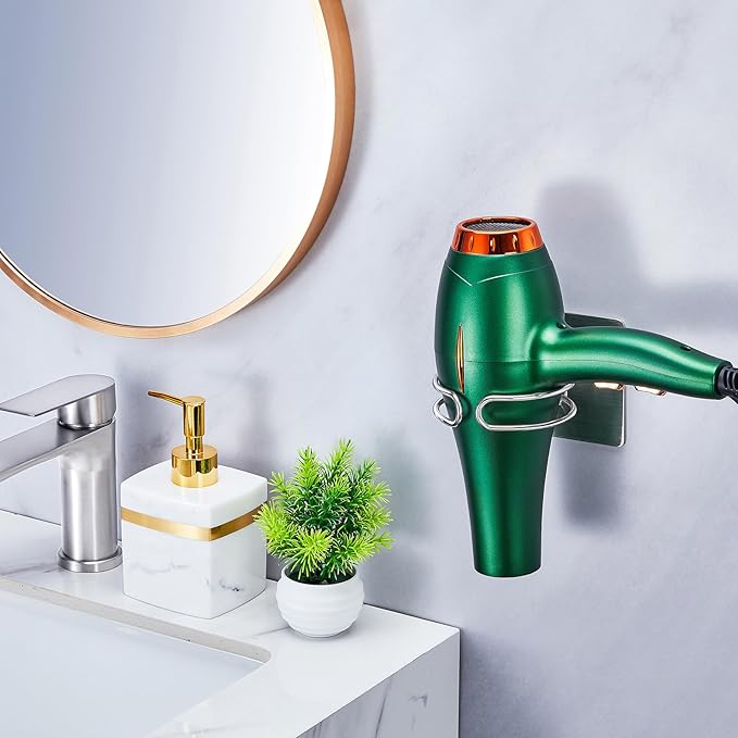 Blow Dryer Holder Wall Mounted, Hair Dryer Holder Stand for Most Hair Dryers Organizer and Storage, Self Adhesive Hairdryer Hanger Rack for Bathroom and Cabinet, Silver