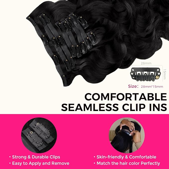 Lashey Seamless Clip in Hair Extensions Human Hair 150g 9pcs 20 Inch Body Wave #1 Jet Black Clip in Hair Extension for Women Natural Hair Extension