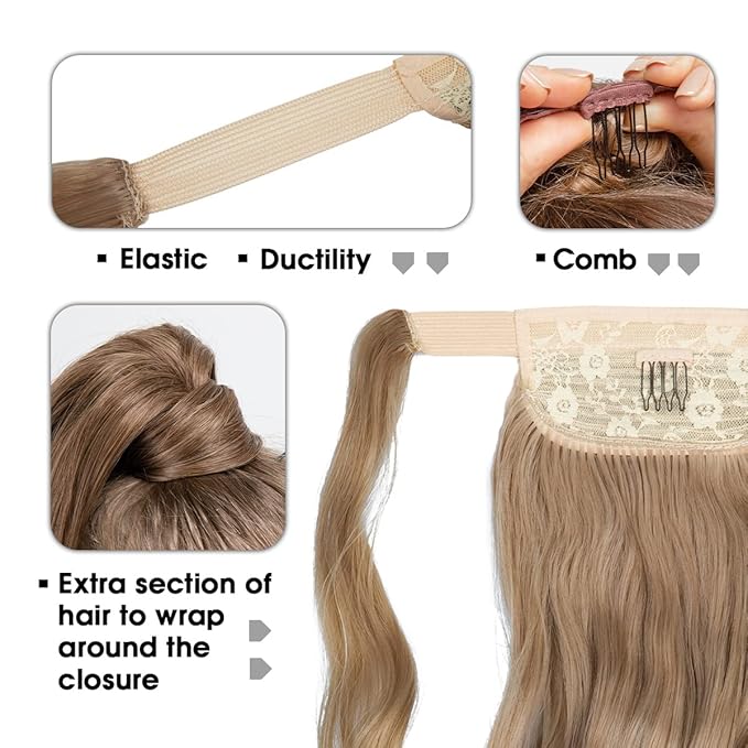 CJL HAIR 22" Long Ponytail Hair Extension Wrap Around Pony Tail Clip in Curly Wavy Synthetic Fake Hairpiece for Women Dirty Blonde