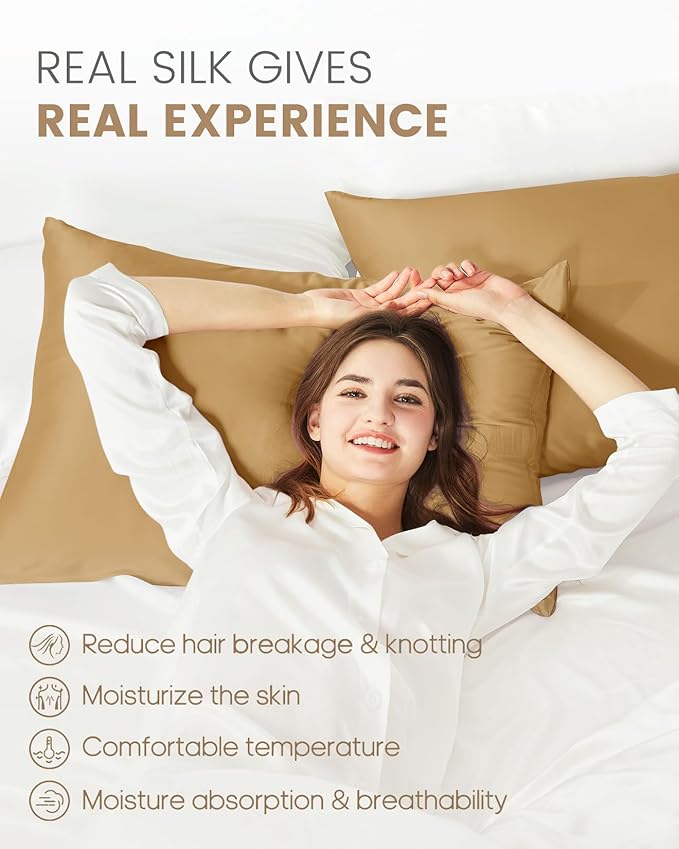 THXSILK 100% Mulberry Silk Pillowcase for Hair and Skin, Grade 6A+ Mulberry Silk Pillow Case, Hypoallergenic Pillow Case with Zipper, 1pc(California King Size 20"x40", Metallic Gold)
