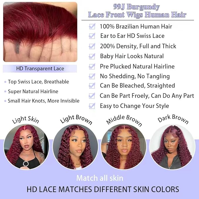30 Inch 99j Burgundy Deep Wave Lace Front Wigs Human Hair 99j 13x6 HD Lace Front Wigs Human Hair 200 Density Glueless Deep Wave Wig Pre Plucked Red Colored Curly Wig for Women