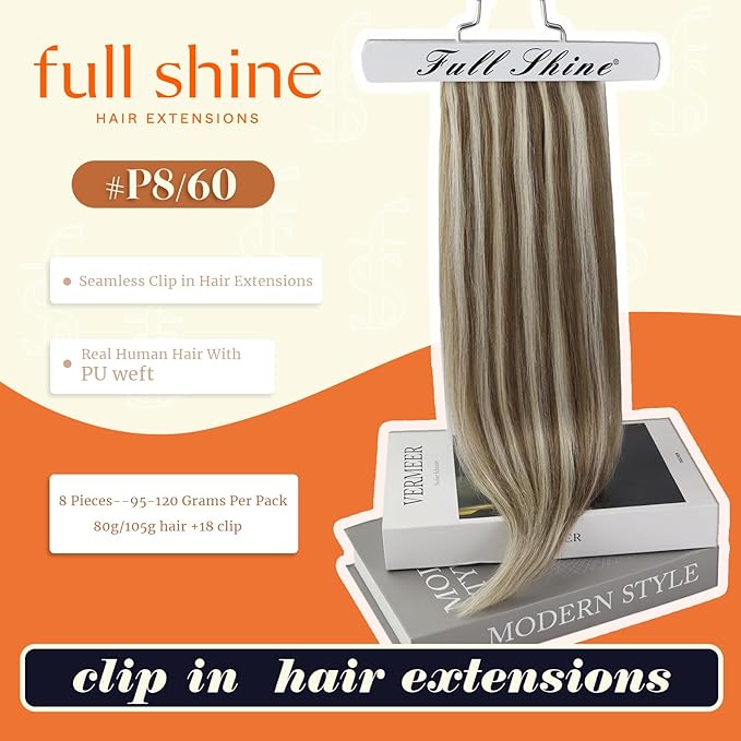 Full Shine Brown Blonde Highlighted Clip in Extensions Ash Brown Highlighted Platinum Blonde Seamless Clip in Highlighted Extensions Clip in 20 Inch 120 G 8 PCS