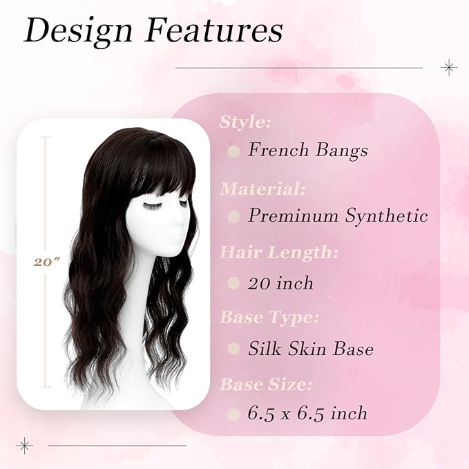 Hair Topper, 360° 3D Hair Toppers for Women with Thinning Crown, 20 Inch Long Wavy Curly Hair Pieces Clip in Bangs (Black, 20 inch, French Bangs)