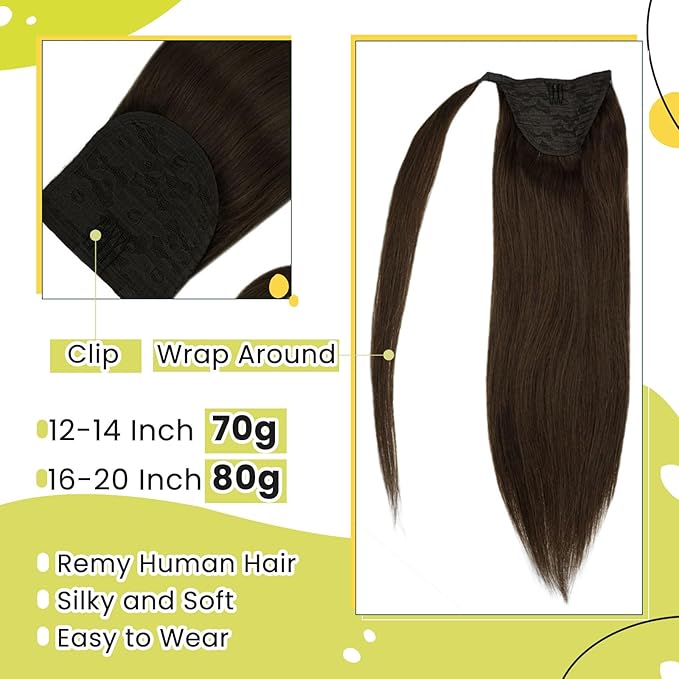 RUNATURE Hair Ponytail Extension Short Human Hair Extensions Ponytail #4 Brown Thick Wrap Ponytail Hair Extensions with Clips Straight Real Hair Pony Tail Extensions Silky 14 Inch 70g