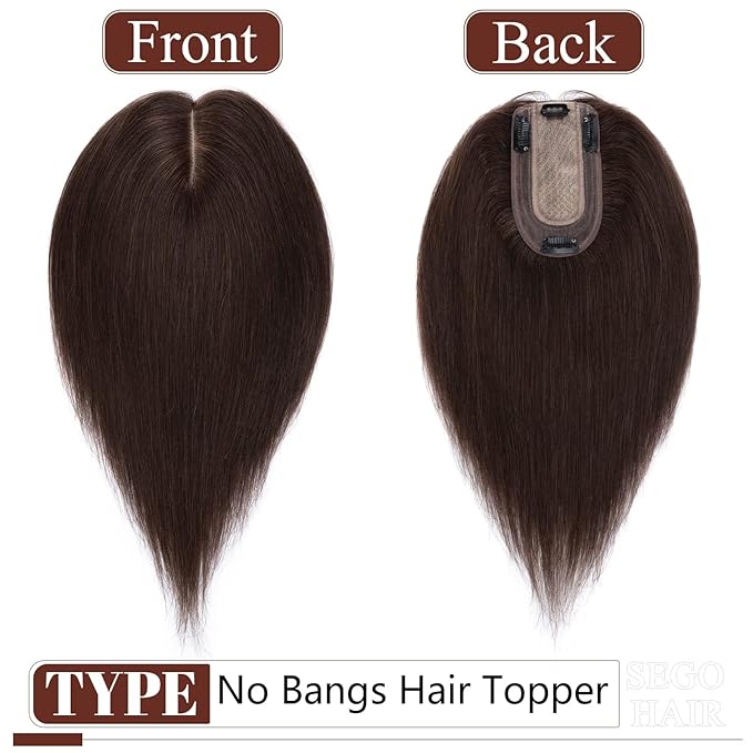 SEGO Real Human Hair Topper for Women without Bangs, Hair Topper with Anti-Slip Clips (6 Inch #2 Dark Brown)