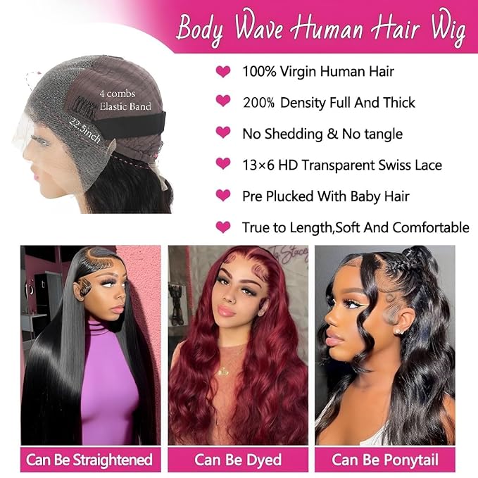 24 Inch 13x6 Lace Front Wigs Human Hair 200 Density Body Wave HD Lace Front Wigs Human Hair Pre Plucked Natural Color Glueless Wig 100% Virgin Human Hair Lace Front Wigs for Women