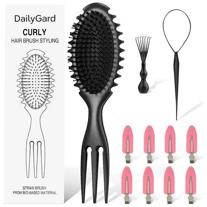 Curly Hair Brush Set,Curl Defining Brush for Curly Hair,Trident Handle Design,Detangling & Shaping & Defining Curls for Women and Girls,Wet or Dry Hair(Black)