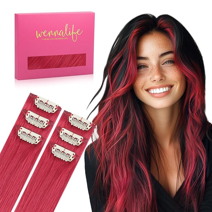 WENNALIFE Red Clip in Hair Extensions Real Human Hair 35g 6pcs 18 Inch Colored Hair Extensions for Kids Women Colorful Hair Pieces Pop-up Style Straight Extensiones De Cabello Humano Con Clip