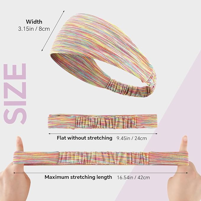 Sweat Headbands for Women - Moisture Wicking Wide Yoga Headband, Non Slip Soft Elastic Sports Headbands for Workout, Running, Gym - 5 Pack Colorful Assorted