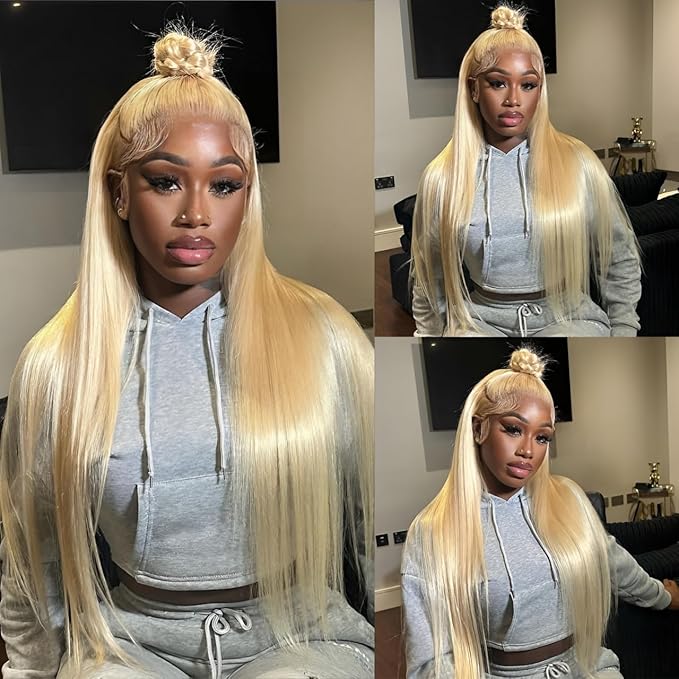Hidden Strap Straight 360 613 Lace Front Wigs Human Hair Invisible Strap Pre Plucked 180% Density SALON-Quality Blonde Wig with Drawstring Glueless Wigs HD Full Lace Human Hair Wigs 24inch