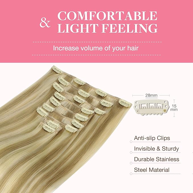 GOO GOO Clip in Hair Extensions Real Human Hair, Remy Human Hair Extensions Clip ins for Women, Natural Human Hair, 24inch 240g 9Pcs, #16/22 Light Blonde Highlighted Golden Blonde