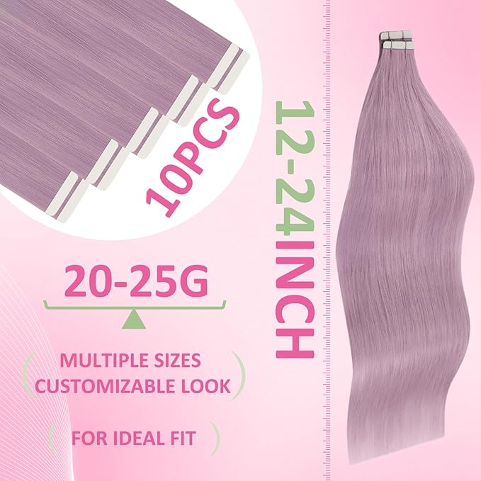 YoungSee Tape in Hair Extensions Human Hair Purple Tape in Extensions Lavender Human Hair Tape in Extensions 14In Light Purple Remy Tapes Extension Colored Highlight 25g 10pcs