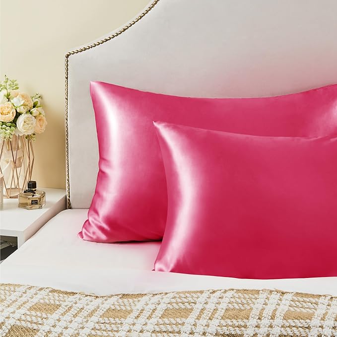 BEDELITE Satin Pillowcase with Zipper, Hot Pink Pillow Cases Queen Size Set of 2, Super Soft and Cooling Similar to Silk Pillow Cases, Gift for Women Men(20x30 Inches)