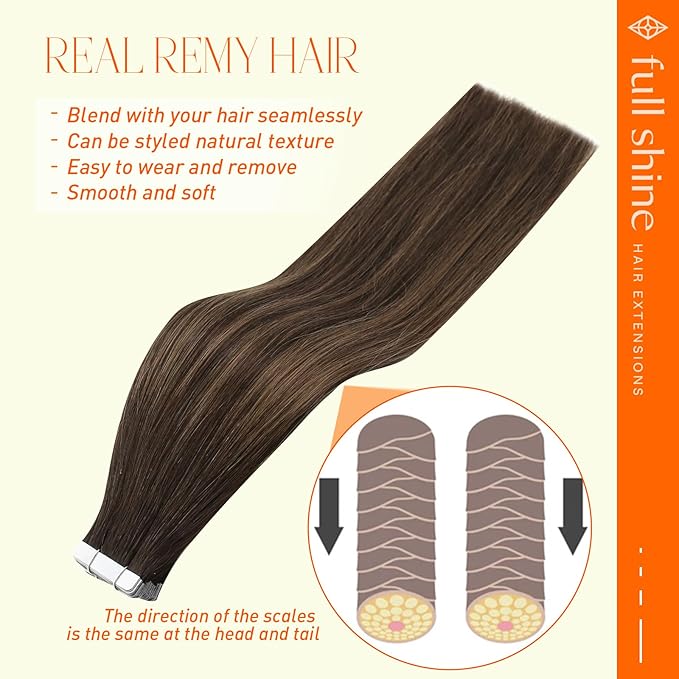Full Shine Tape in Hair Extensions Seamless Tape in Extensions 24 Inch Brazilian Real Human Hair Tape ins Color 2 Dark Brown to 8 Ash Brown and 2 Dark Brown 40Pcs 100g for Wedding