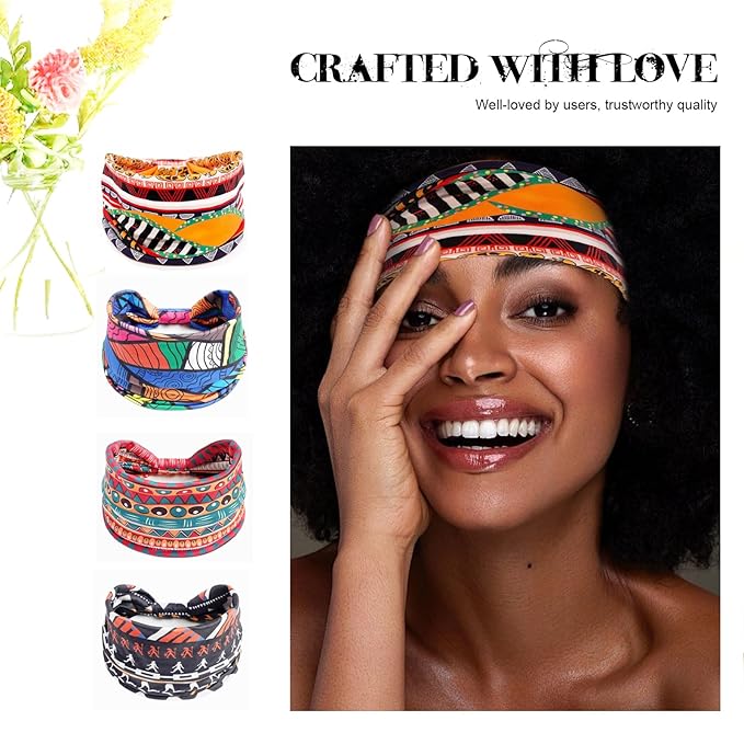 Head Bands for Women's Hair - Non-Slip Wide Yoga Head Wrap, 4 Pack African Print Workout Turban for Natural Hair, Braids, Dreadlocks & Protective Styles