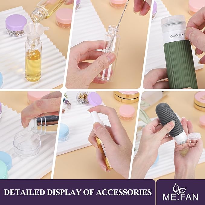 ME.FAN 18 Pack Travel Bottles for Toiletries, TSA Approved Silicone Portable Size Bottle, Refillable Cosmetic Container Kits for Conditioner, Shampoo, Lotion,Face Cream - Bright
