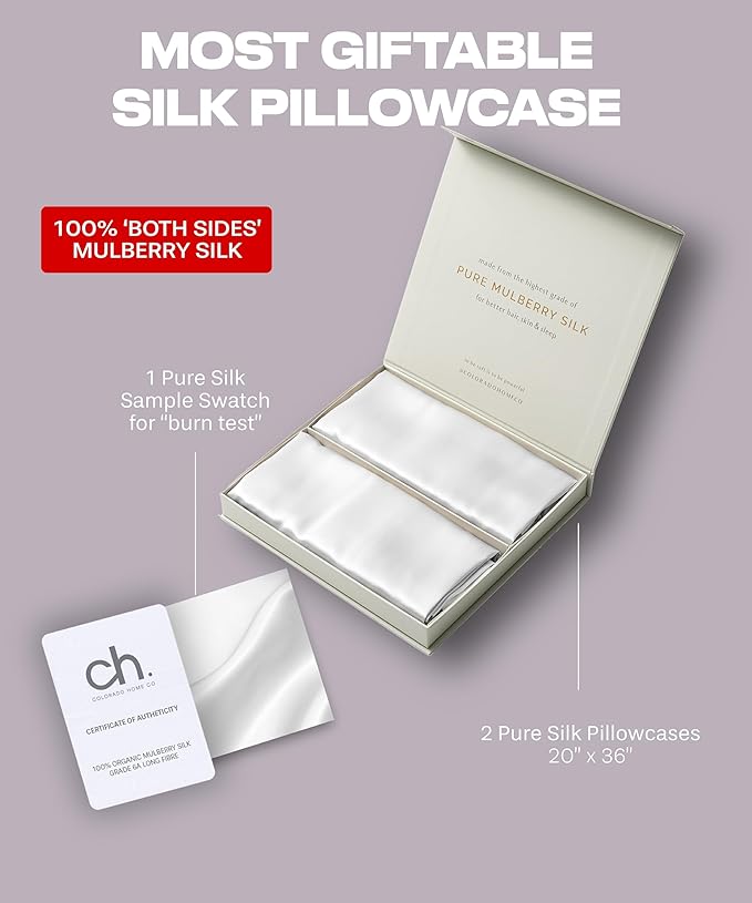 SUNDAYSILKS™ Silk Pillow Cases 2 PACK | 22 Momme Mulberry Silk Pillowcase Set of 2 | Standard Queen, King Size | All Sides 100% Pure Silk Slip Pillowcase Bliss for Women, Men, with Zipper [Pure White]