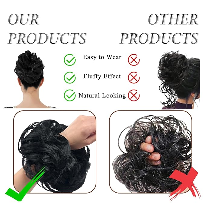 Large Messy Bun Hair Piece Curly Synthetic Extensions Scrunchies Fake Chignon Updo Hairpieces for Women Jet Black