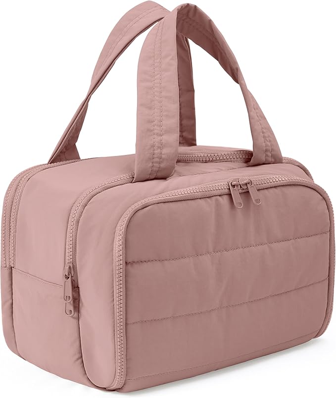 Travel Toiletry Bag for Women, Large Wide-open Puffy Cosmetic Makeup Bag with Wet-Dry Separation, Multi-Pocket Organizer with Carry Handle for Toiletries, Cosmetics, Essentials, Dark Pink
