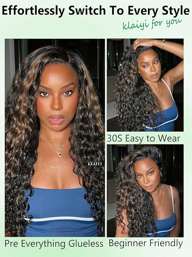 KLAIYI Golden Brown Water Wave Bye Bye Knots Glueless Wig Human Hair Highlight 7x5 Precut Lace Front Pre Plucked Bleached Ombre 3S Ready to Wear Go Beginners Wig with Dark Roots Deep Curly Wave 20Inch