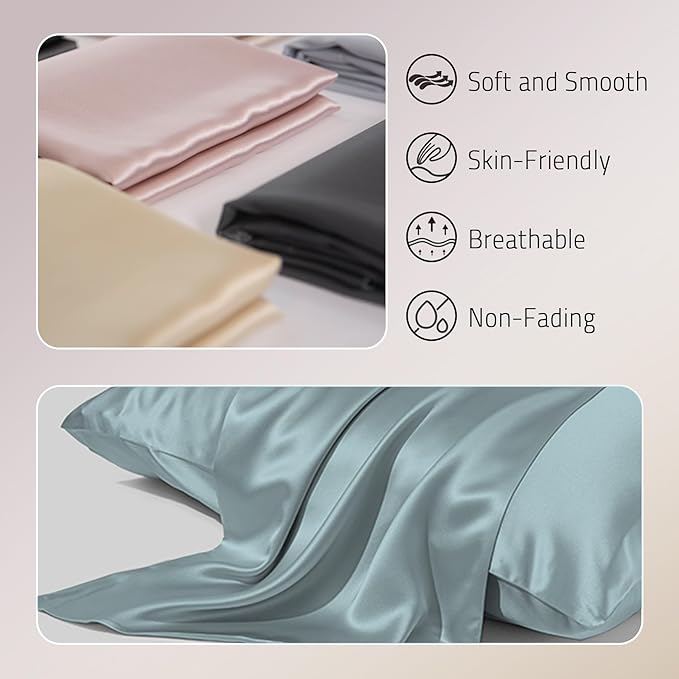 Mulberry Silk Pillowcase for Hair and Skin Prevent Acne Pillow Cases Both Sides Real Silk Pillowcases Organic Silk Pillowcase with Hidden Zipper, Haze Blue, King (20"×36")